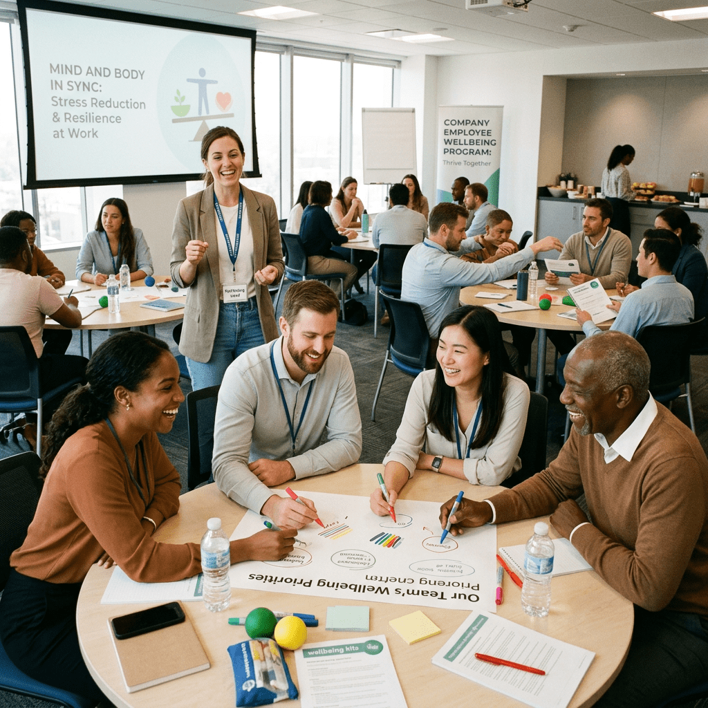 Group of employees engaged in a workplace wellbeing workshop, discussing and writing on a large paper at a round table